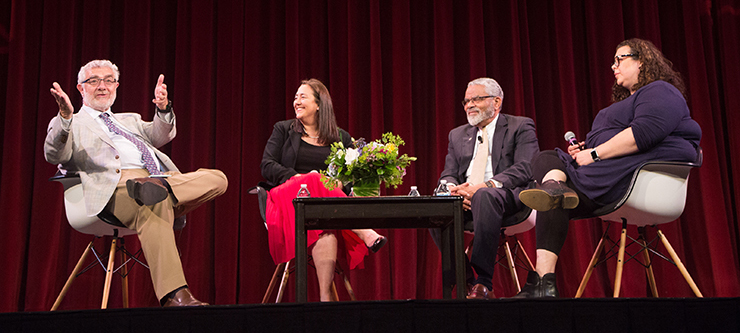 Freedom Writers panelists Daniiele Struppa, Erin Gruwell, Carl Cohn, and Sue Ellen Alpizar