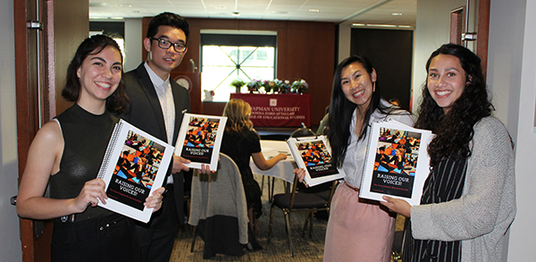 Chapman student mentors welcoming visitors to the Yorba-Chapman Publishing Party