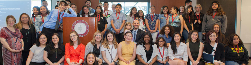 Group picture of Chapman students and Yorba middle school students at the Yorba-Chapman Publishing Party
