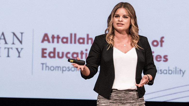 Dr. Audri Gomez on stage at 2019 DisAbility Summit