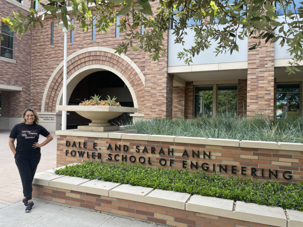 Adena Hamlin outside Swenson Family Hall of Engineering