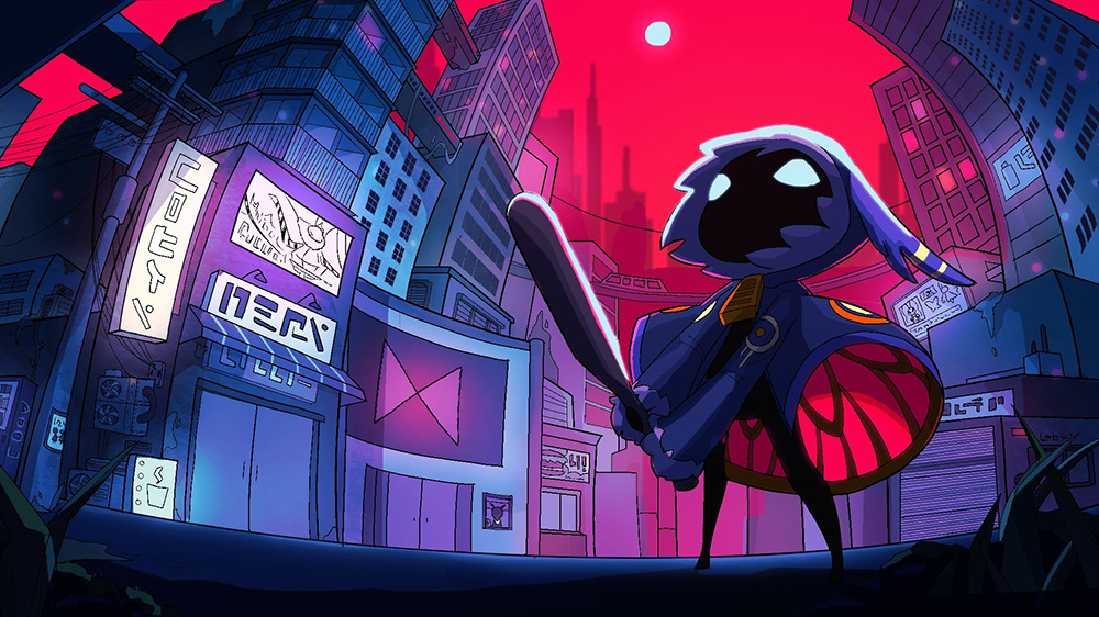 The main character, Mona, is holding a bat. Surrounding the character is a dark city scene. 