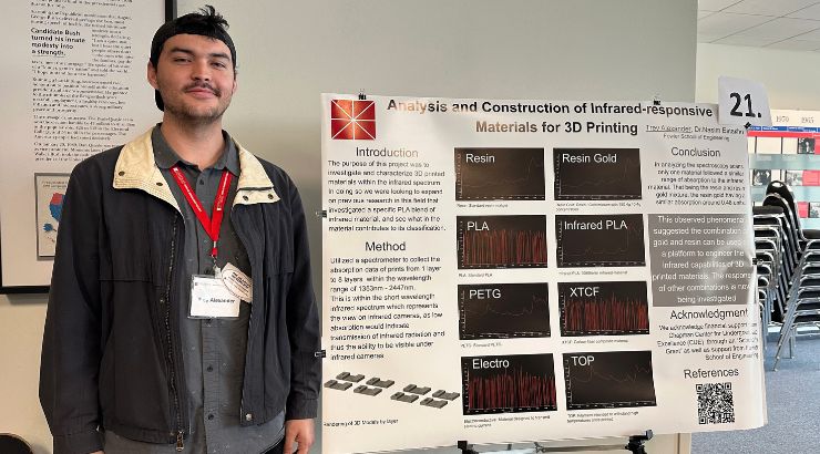 A male engineering students standing in front of their research poster.