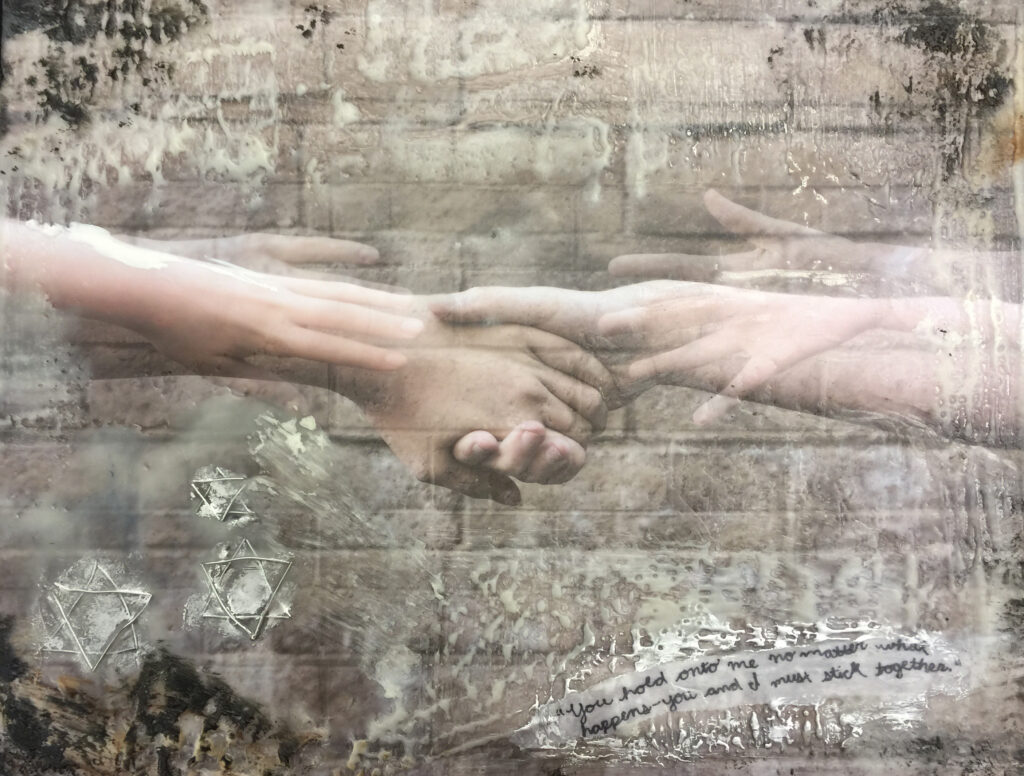 Two hands clasping with a faded image of the hands being pulled away from each other; barbed wire Stars of David are highlighted in the bottom left corner.