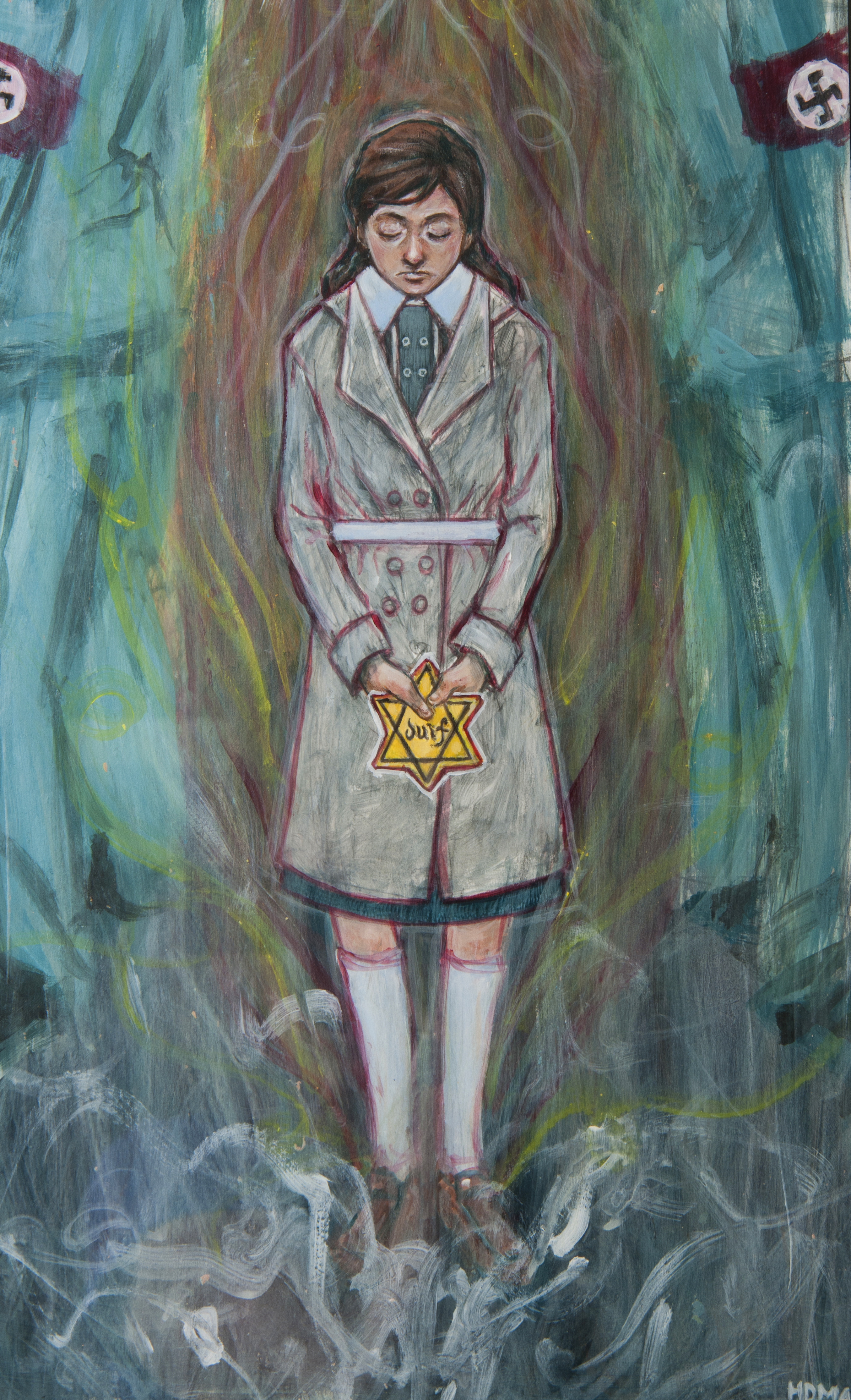 Painting of a girl holding the a Star of David patch, like those the Jews had to wear in Europe during WW II