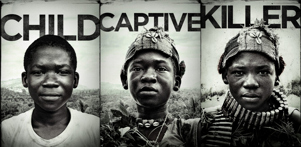 Three images of the same child as he changes under the headings Child, Captive, Killer