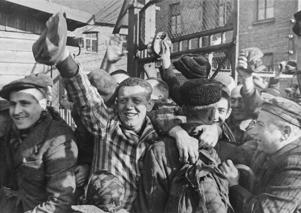 Prisoners of Auschwitz greet their liberators.