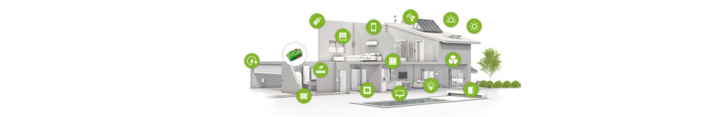 2 story home with green circles indicating network devices.