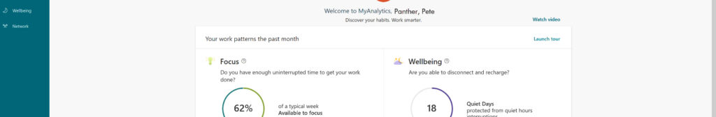 Screenshot of the top section of the MyAnalytics Dashboard