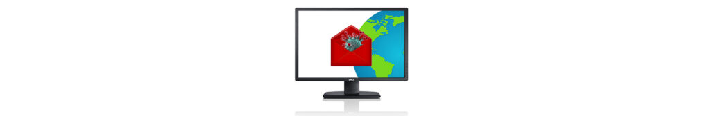 Computer monitor displaying an open envelope with the virus inside. The background is white with the planet earth.