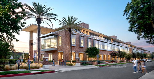 Photo of the Keck Building during dusk hours.