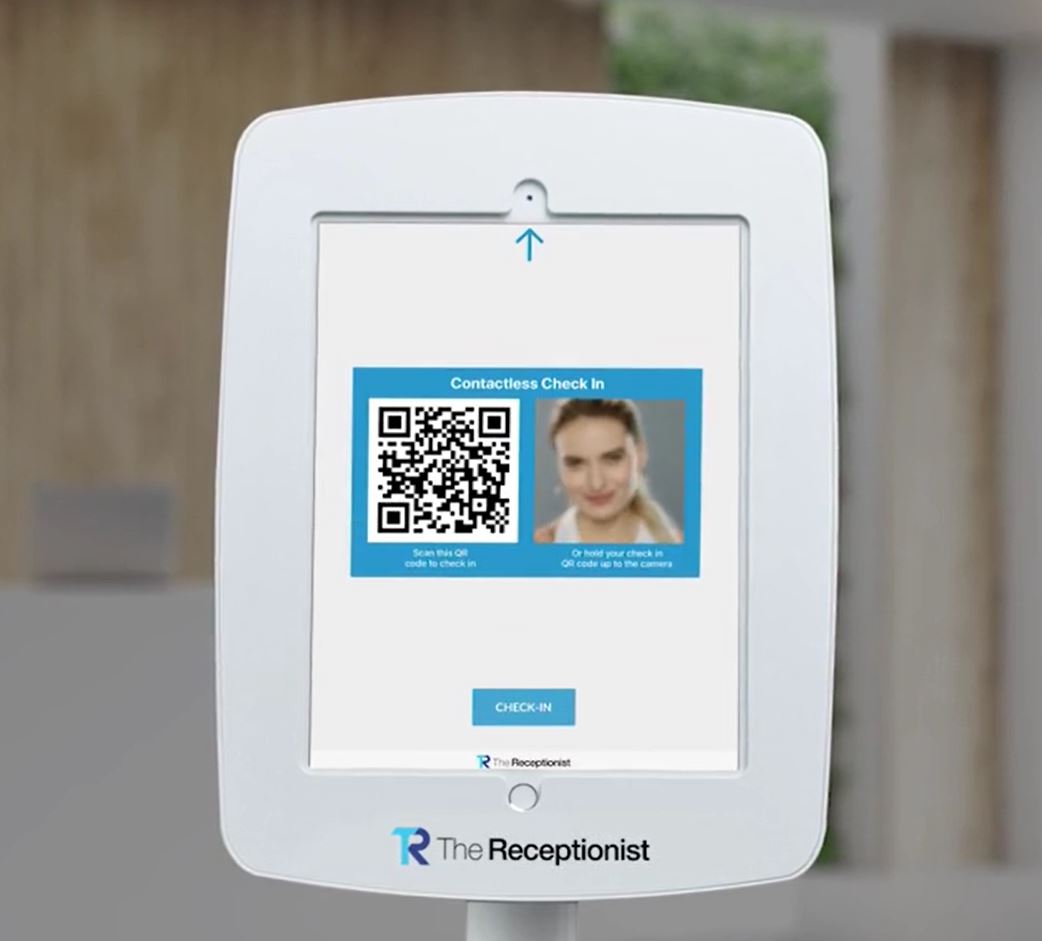 Picture of an iPad with split screen displaying a QR code on the left and photo of the visitor on the right.
