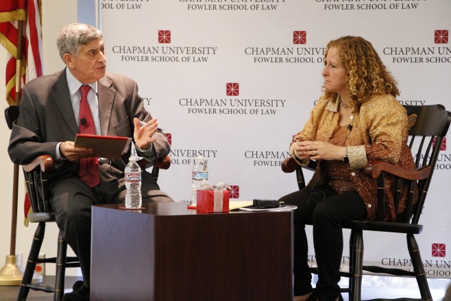 UCLA Law Dean Jennifer L. Mnookin being interviewed at Chapman Dialogue