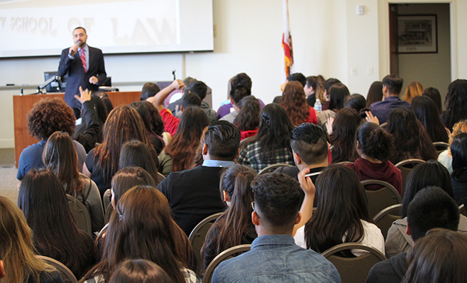 speaker in front of law students