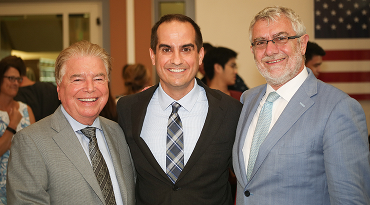 Board of Advisors Chair Wylie Aitken, Dean Matt Parlow and Chapman University President Daniele Struppa