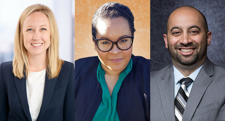 Three photos of lawyers; two female and one male.