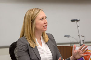 Samantha Dorey in a gray blazer