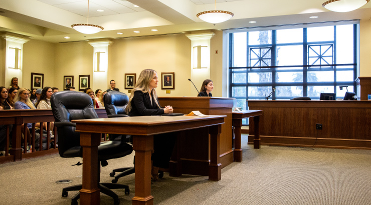 Photo of the Courtroom at The Fowler School of Law for the Golden Gavel 2023 competition.