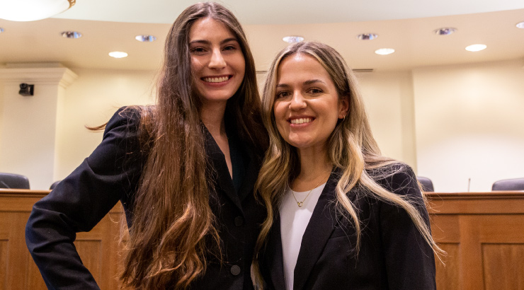 Photo of Golden Gavel 2023 Winners, (from left) Kristin Sinks (defendant) and Hannah Hamblin (plaintiff) 