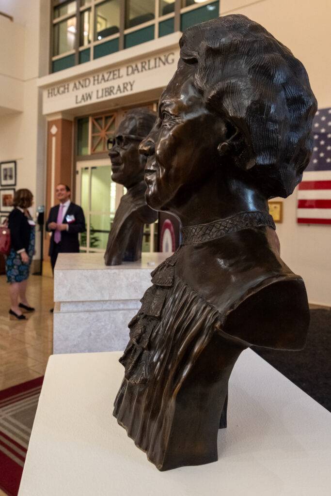 Photo of the busts of Supreme Court Justices Sandra Day O'Connor and Thurgood Marshall, unveiled at the welcoming ceremony for Dean Paton.