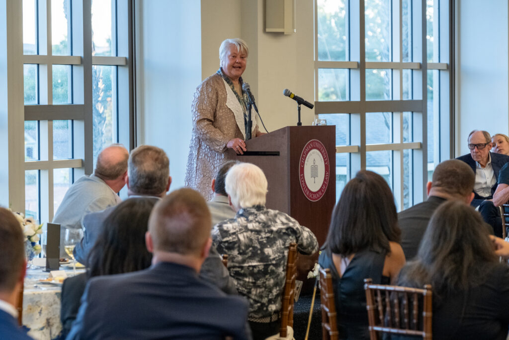 Photo of President and CEO of the Law School Admission Council, Kellye Y. Testy delivering her remarks at the reception held at Chapman Law School