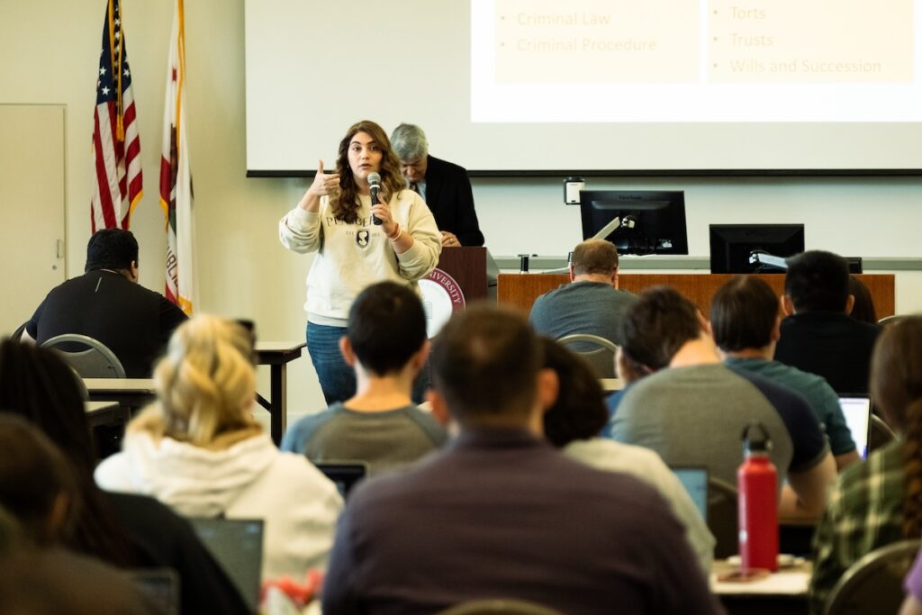 Photograph of Associate Dean for Bar Preparation and Academic Achievement Sarira Sadeghi during a Bar Preparation session