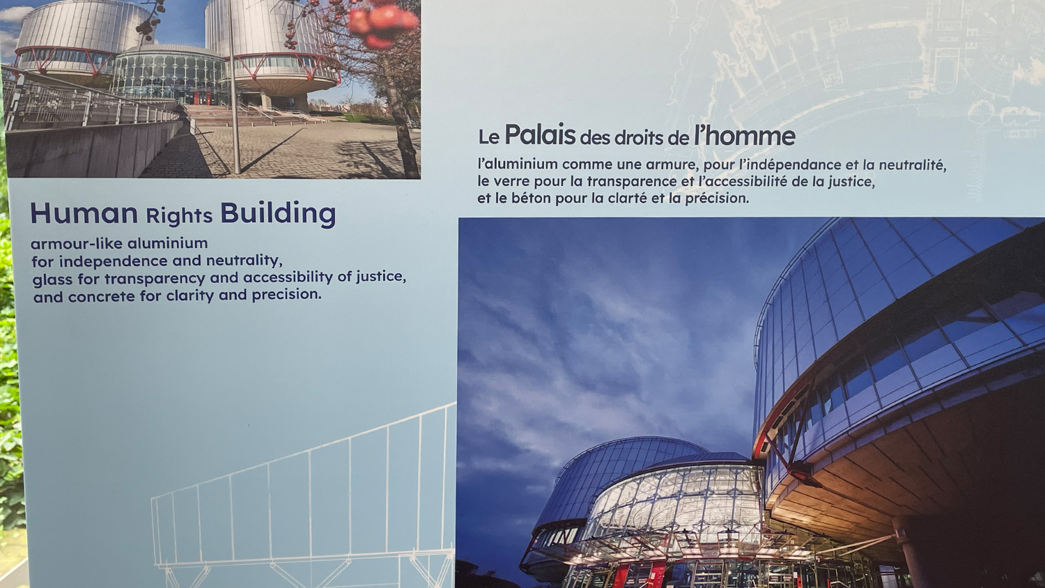 Architectural significance and meaning of the Palais des droits de l'homme, designed by British architect Lord Richard Rogers, opened in 1994