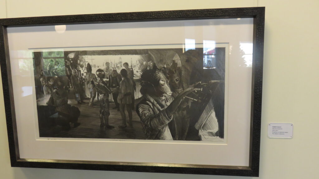 Photograph of a drawing of the cantina scene from Star Wars Episode IV