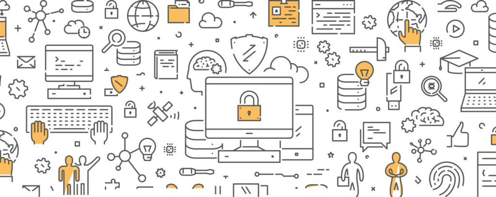 Graphic containing stylized images of shields, locks, brains, gears, clouds, and books, in black and white with yellow accents.