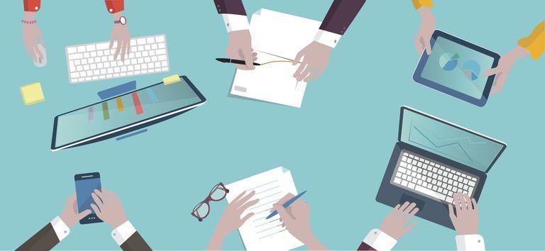 Clipart-style image with a teal background, and stylized pictures of hands on laptops, keyboards, notebooks, phones, and tablets