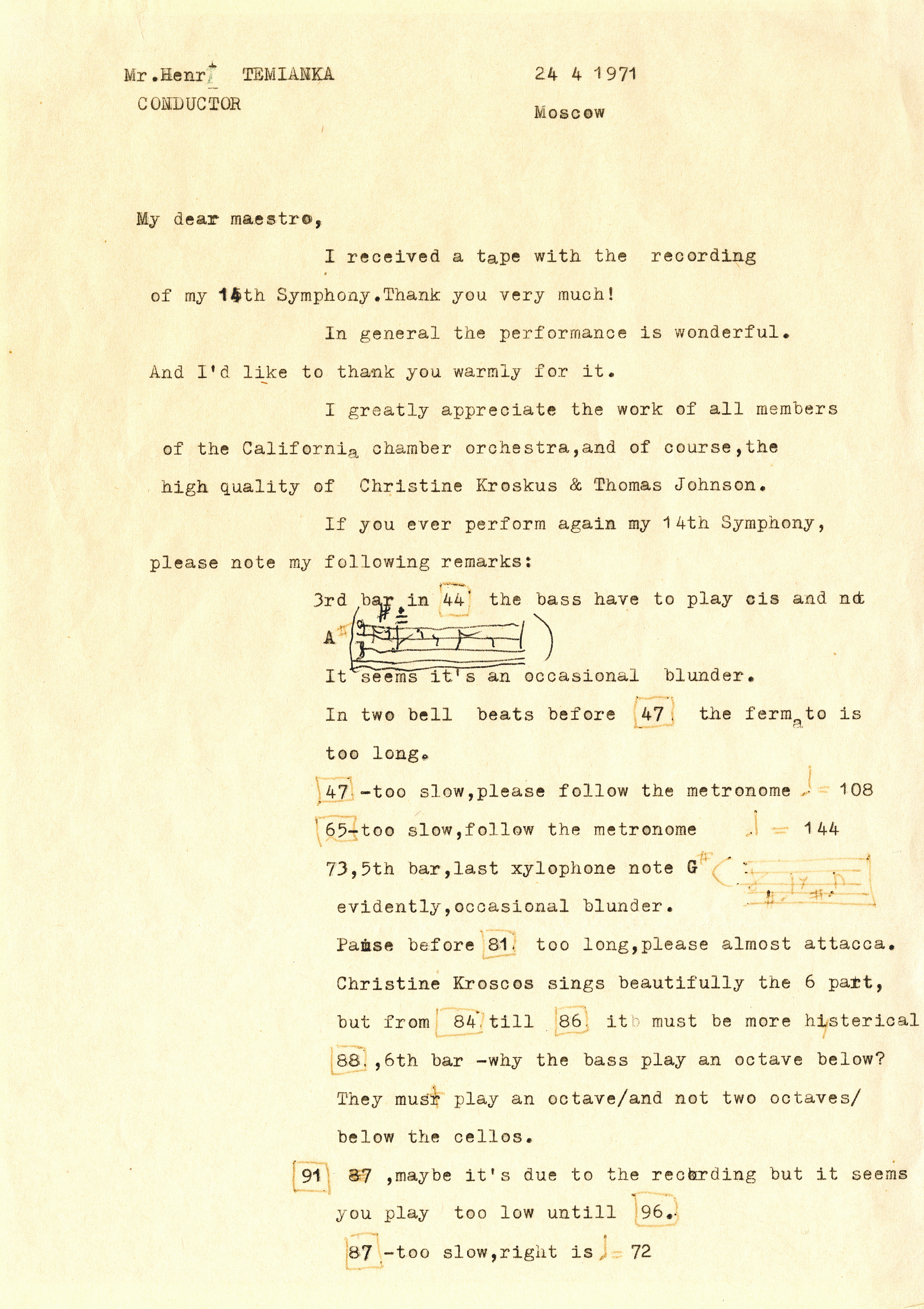Page of a typewritten letter on yellowed paper, with handwritten notes.