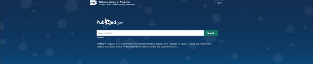 Header from the PubMed website, which has a blue background and a white search bar