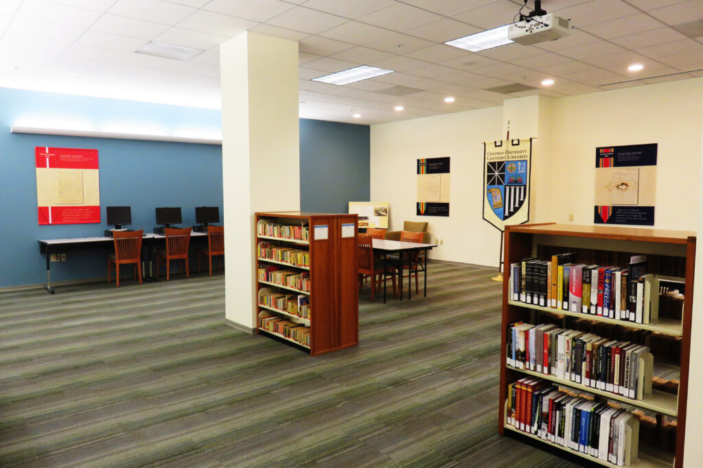 Interior of the Center for American War Letters Archives room on the lower level of the Leatherby Libraries
