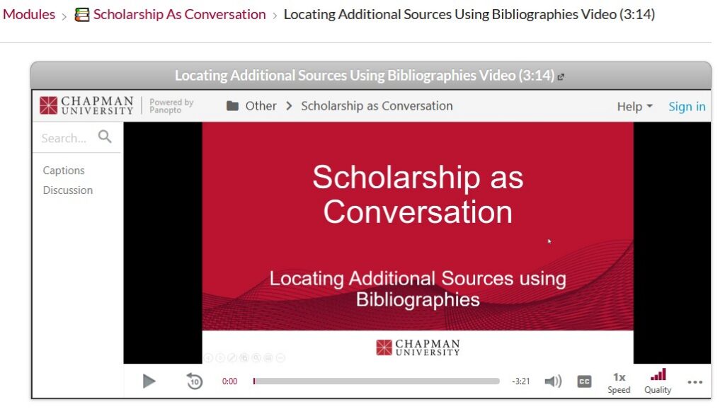 Screenshot of a page in the Canvas platform. The page is open to the beginning of a module titled "Scholarship as Conversation: Locating Additional Sources using Bibliographies."