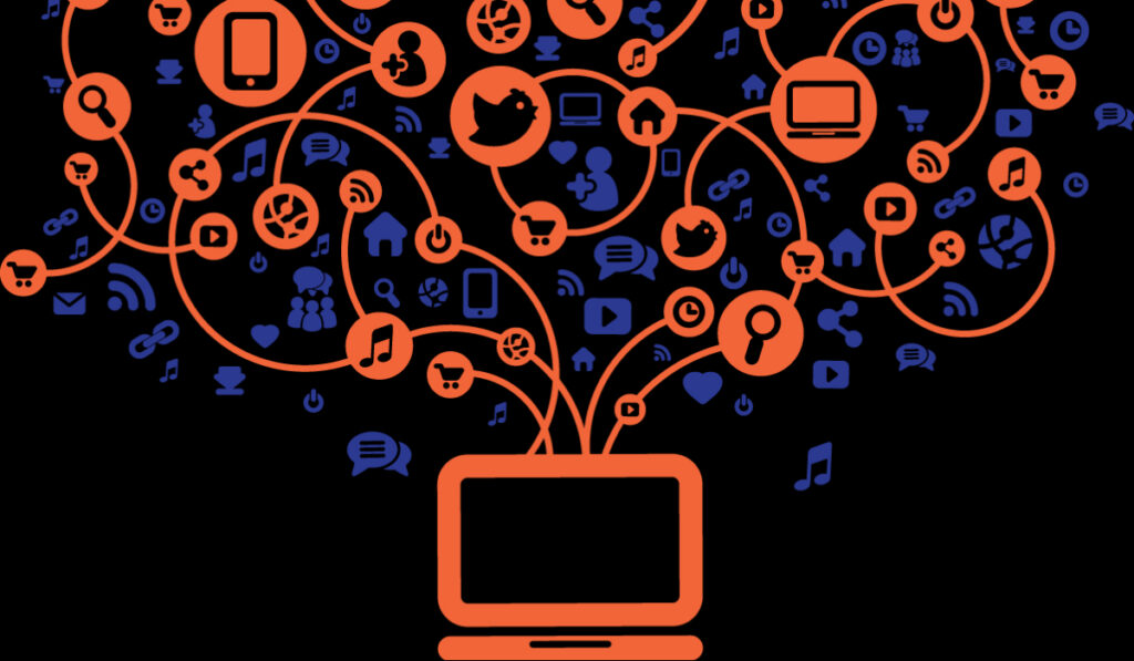 Clipart-style illustration in orange and blue on a black background with a laptop at the bottom of the image, with many icons representing the internet and information in a tangle above it.