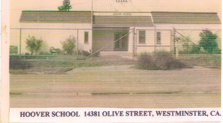 Newspaper photograph of the Hoover School with text across the bottom that reads, "HOOVER SCHOOL 14381 OLIVE STREET, WESTMINSTER, CA."
