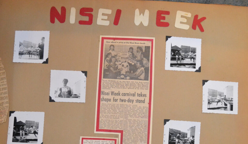 Page from the 1955-1956 OC JAYs scrapbook. Across the top in cut-out letters are the words, "NISEI WEEK." Below are pasted in photographs and a news clipping.