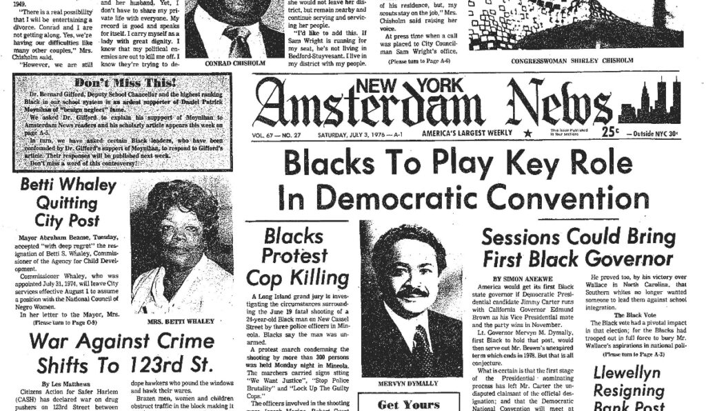 Black and white scan of a July 1976 edition of the New York Amsterdam News. The main headline reads, "Blacks To Play Key Role In Democratic Convention."
