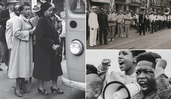 Collage of three black and white photos of important moments in African American history