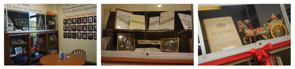 Three photographs next to each other, each showing materials inside a group study room.