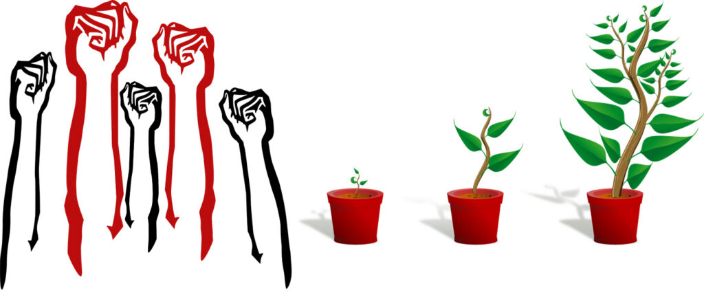 Two clip art images pasted together: on the left, a collection of raised fists in red and black ink; on the right, images of a plant growing in a pot.
