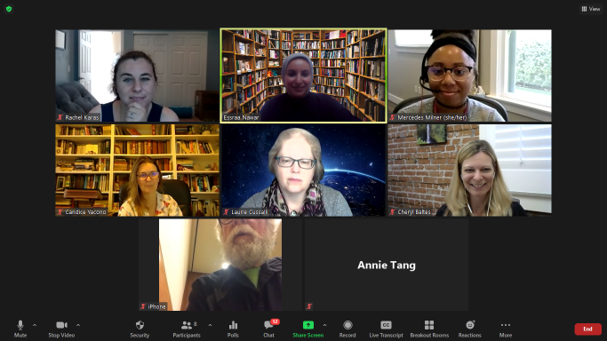 A screenshot from a Microsoft Teams virtual meeting, showing eight participants smiling for the camera