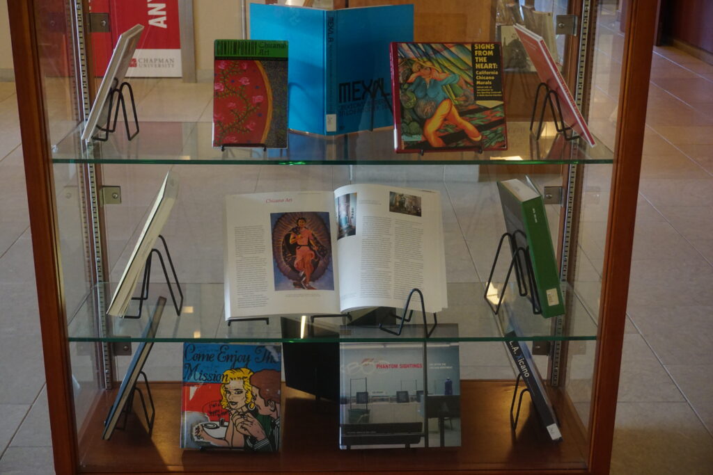 A display case containing books.