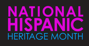 Logo, in pink and blue font on a black background, for National Hispanic Heritage Month,