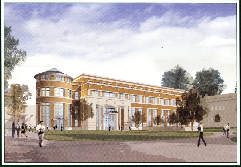 An architectural rendering of the Leatherby Libraries, complete with students walking in front of it, and trees and a sky in the background.