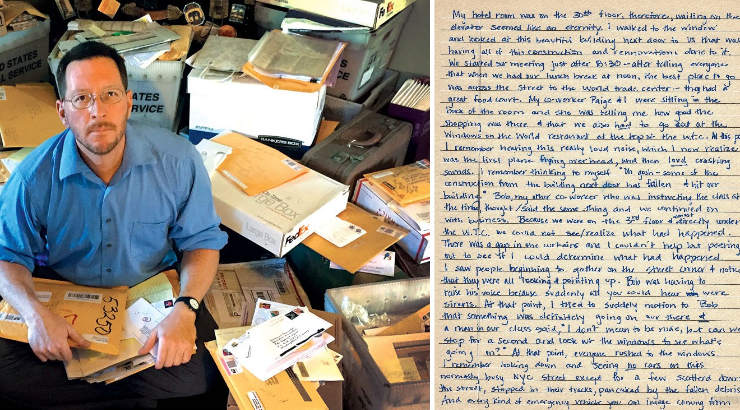 Collage of two images. On the left is a photo of a man sitting at a desk surrounded by letters, looking up at the camera. On the right is a scan of a hand-written letter.