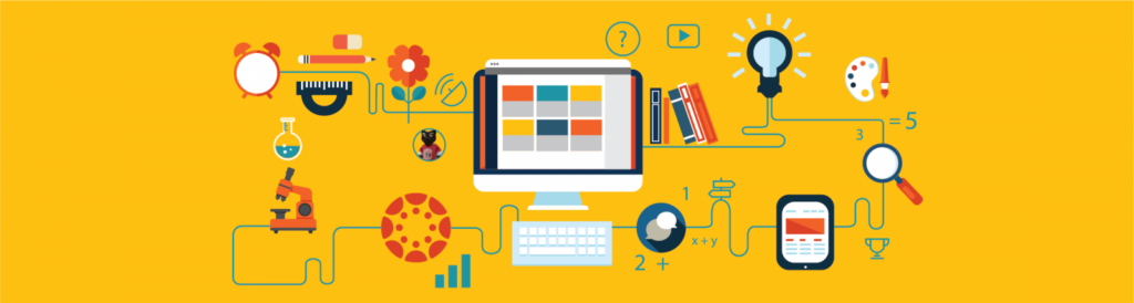 Clip art image of a computer, books, and other school-related images, including a photo of Pete the Panther, on a yellow background.