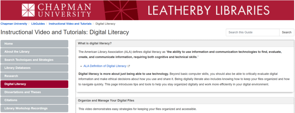 Screenshot of the Chapman University Leatherby Libraries LibGuide page titled "Instructional Video and Tutorials: Digital Literacy," displaying the left-hand navigation menu and the introductory section explaining digital literacy.