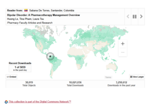 A screenshot of the readership map on Chapman University Digital Commons' homepage, showing over 10 million cumulative downloads.