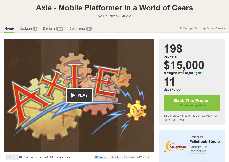 Screen shot of Axle's Kickstarter page.